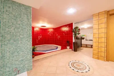 a bathroom with a red wall with a bed in it at Hotel Dolomites Inn in Canazei