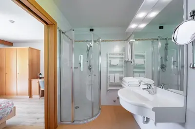 a bathroom with a glass shower and a sink at Hotel Dolomites Inn in Canazei