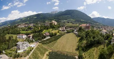 an aerial view of a village in the mountains at Residence Fiegl in Schenna