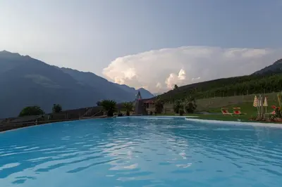 a large swimming pool with mountains in the background at Pension Obertaberhof in Schenna
