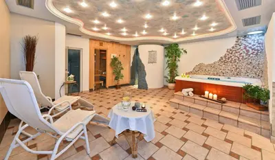 a living room with a table and chairs and a fireplace at Hotel Tyrol Plose in Bressanone