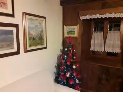 a christmas tree in a corner of a room at B&B DOLOMIA in Sagron Mis
