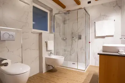 a bathroom with a shower and a toilet and a sink at Hotel Cirelle Suite & Spa in Canazei