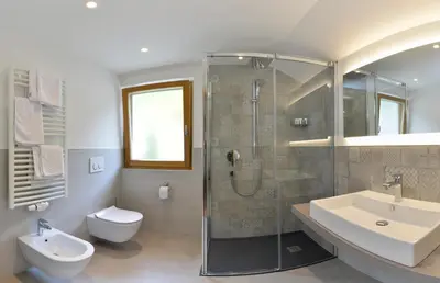 a bathroom with a shower and a toilet and a sink at Hotel Silvana in Selva di Val Gardena