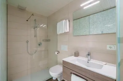 a bathroom with a toilet and a sink and a shower at Hotel Appartement Lahngut in Nalles