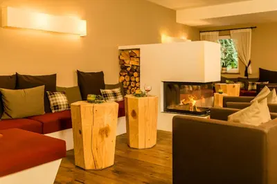 a living room with a couch and a fireplace at Hotel Mitterplatt (Schenna Resort) in Schenna