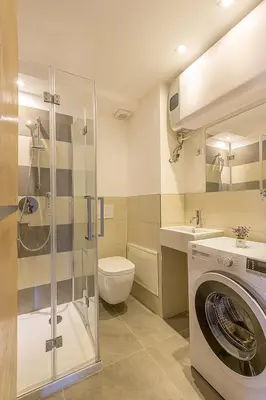 a bathroom with a washing machine and a toilet at Mansarda Ciliegio Cavalese in Cavalese