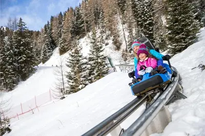 two children riding on a roller coaster in the snow at CASA GILDA Val di Fiemme - Dolomiti in Cavalese