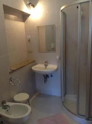 a bathroom with a sink and a shower and a toilet at Verda Val in Campitello di Fassa