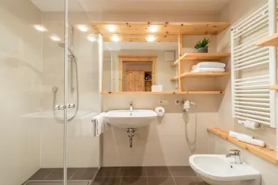 a bathroom with a sink and a shower at Hotel Jonathan in Naz-Sciaves