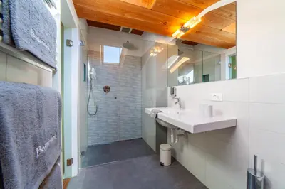 a bathroom with a sink and a toilet and a shower at Bognerhof in Rifiano