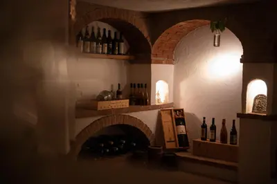 a wine cellar with two shelves of wine bottles at Vitalpina Hotel Schulerhof in Plaus