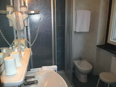 a bathroom with a sink and a shower and a toilet at Hotel Bologna in Brunico