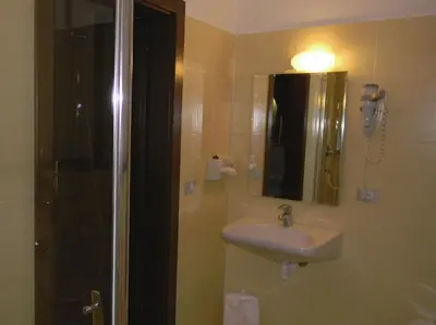 a bathroom with a sink and a shower at Hotel Bologna in Brunico
