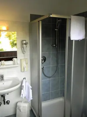 a bathroom with a shower and a sink at Hotel Bologna in Brunico