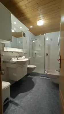 a bathroom with two sinks and a shower and two toilets at Haus Bergfrieden in Castelrotto