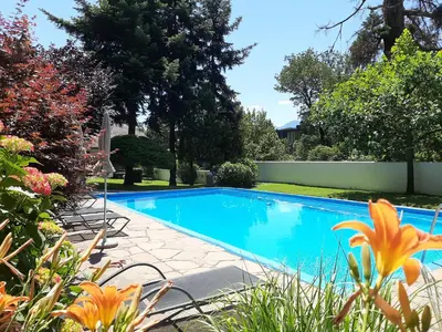 a swimming pool in a yard with flowers at Agriturismo Sittnerhof in Merano