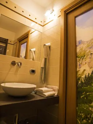 a bathroom with a sink and a mirror at Hotel El Paster in Pozza di Fassa