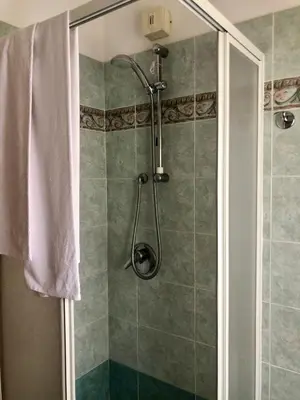 a shower with a glass door in a bathroom at Stella Alpina in Voltago