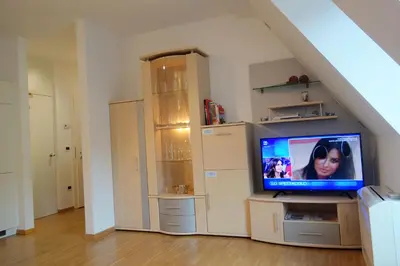 a living room with a tv in an attic at Hager Apartment 2 in Merano