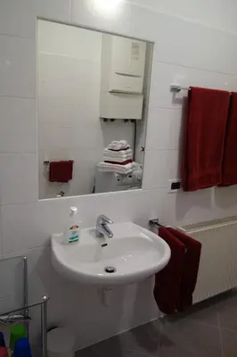 a white bathroom with a sink and a mirror at Hager Apartment 2 in Merano