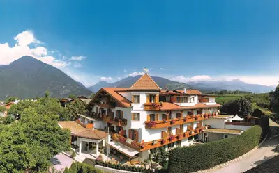 an image of a building with mountains in the background at Hotel Hubertushof in Naz-Sciaves