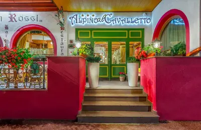 a bedroom with a bed and a desk and a television at Hotel Alpino Al Cavalletto in Canazei