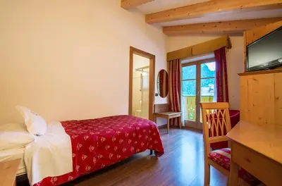 a hotel room with a bed and a television at Hotel Alpino Al Cavalletto in Canazei
