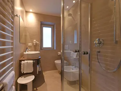a bathroom with a toilet and a sink and a shower at Residence Hotel Fever in Ortisei
