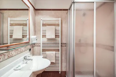 a bathroom with a sink and a shower at BergHotel Majarei in San Vigilio Di Marebbe