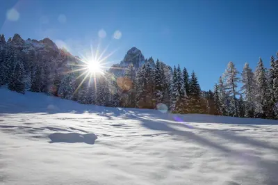 a sun shining on a snow covered slope with trees at Villa Gottfried B&B in Eggen