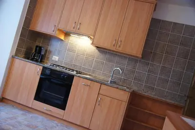 a kitchen with wooden cabinets and a sink and a stove at Ciasa Complojer in La Valle