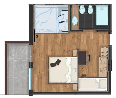 a floor plan of a bedroom and a living room at Hotel Wolf in Selva di Val Gardena
