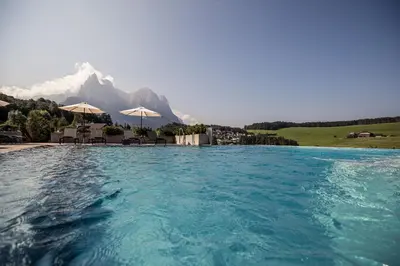 a swimming pool with a mountain in the background at Hotel Alpenflora in Castelrotto