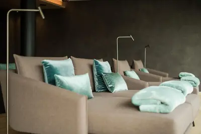 a brown couch with blue pillows on it at Hotel Das Dorner in Lagundo