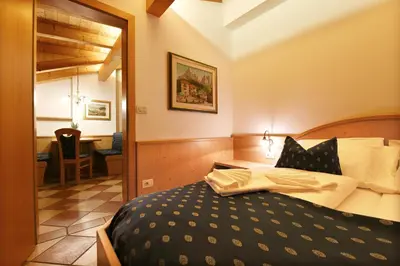 a bedroom with a bed and a desk in a room at Alpin-Residence Amadeus in Siusi