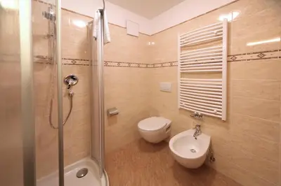 a bathroom with a toilet and a sink and a shower at Villa Otto in Santa Cristina in Val Gardena