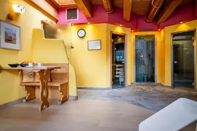 a woman sitting in a chair in a room at Hotel Des Alpes in Cortina dʼAmpezzo