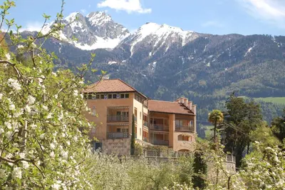 a building on a hill with mountains in the background at Appartementhaus Am Waalweg in Rifiano