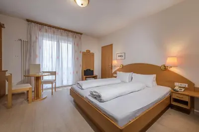 a bedroom with a bed and a desk and a window at Hotel Wilma in Nalles