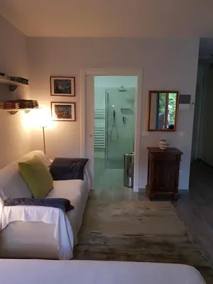 a room with a couch and a shower in a bathroom at Nadia's Home in Merano