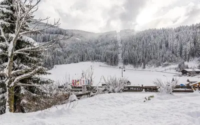 a snow covered ski slope with a ski lift at Hotel Seeber in Racines