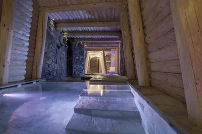 an empty room with a pool in a wooden building at Hotel Plunhof in Ridanna