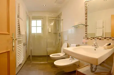 a bathroom with a sink and a toilet and a shower at B&B Appartments Cudlea in Selva di Val Gardena