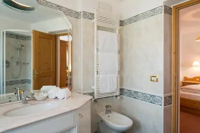a bathroom with a sink and a toilet at Residence La Selva in Selva di Val Gardena