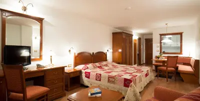 a hotel room with a bed and a television at Residence Villa Gran Baita in Selva di Val Gardena