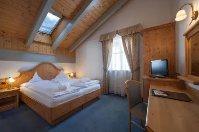 a bedroom with a bed and a desk and a television at Hotel Alpenrose in Arabba