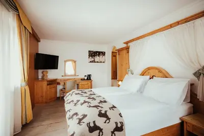 a bedroom with a bed and a desk and a television at Hotel Alpenrose in Arabba