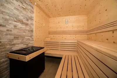 an empty wooden sauna with a stove in it at Hotel Garni Savoy - new opening in Castelrotto