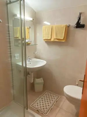 a bathroom with a shower and a sink and a toilet at Pension Thalerhof in Rifiano